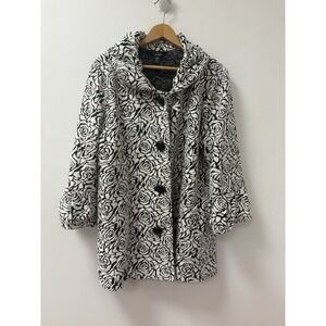 Ali Miles Jacket Womens XL Black & White Roses Bell Sleeves Large Black Buttons